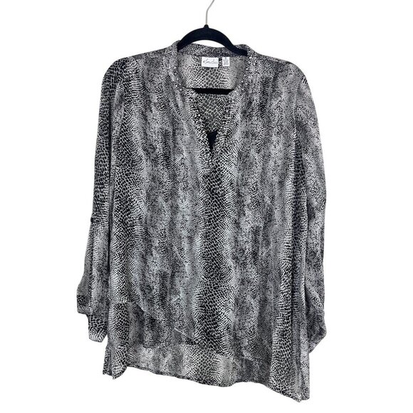 Kim Rogers Tops - Kim Rogers Top Women M Black Sheer Animal Print Neutral Snakeskin Safari Mature